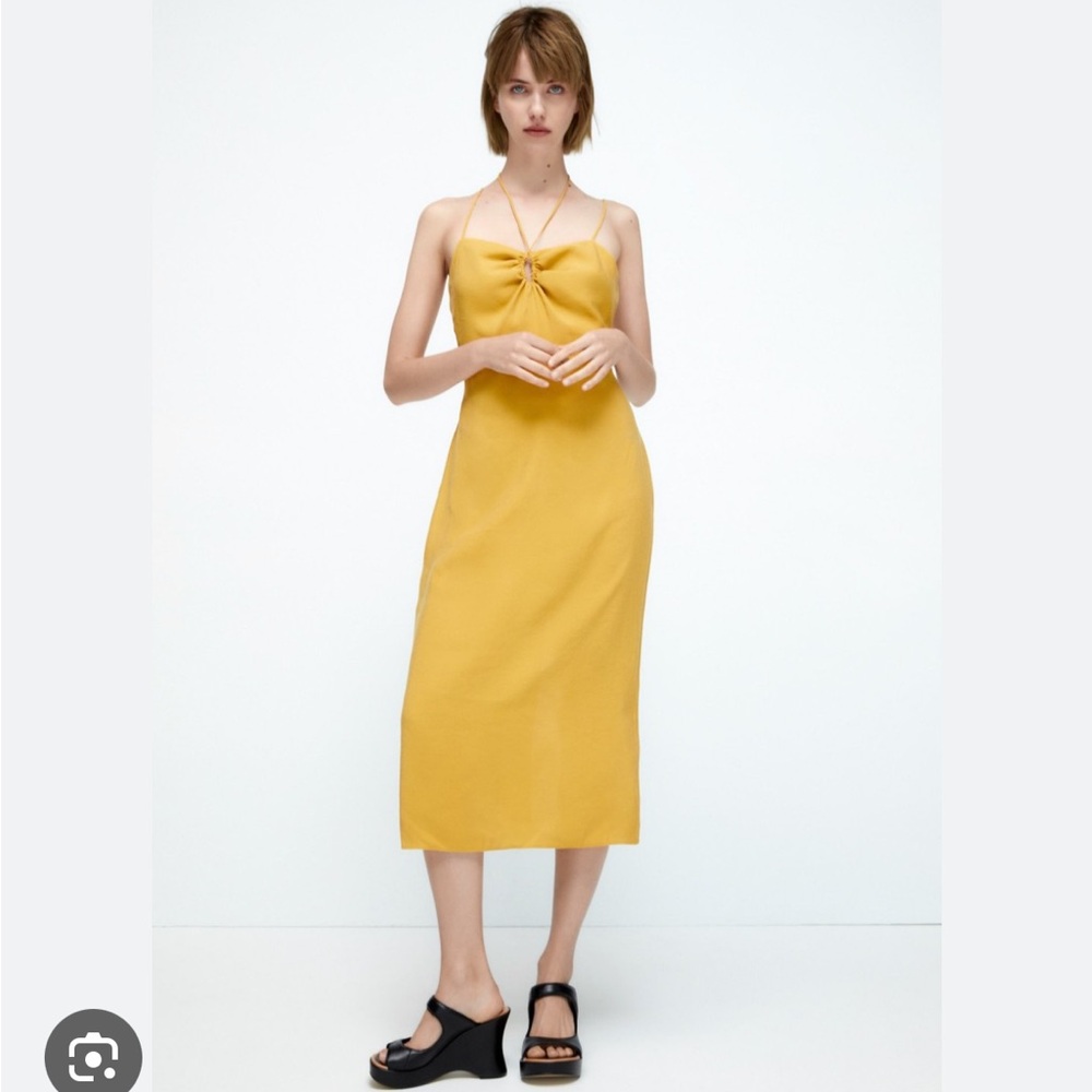ZARA Ruched Midi Dress Mustard‎